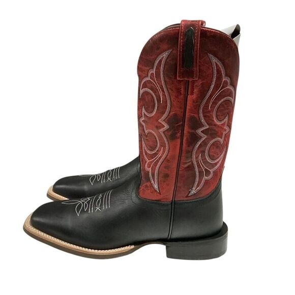 Old West Cowboy Boots Men 7.5 Red Black Leather Square Toe Embroidery Western